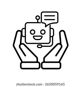 ai icon. AI Personal Assistant in two hand. Voice assistant. microphone with bot face. UI, education, application, branding. Outline design style