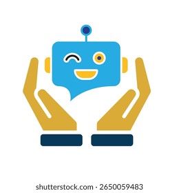 Icono de IA. Asistente personal de IA en dos manos. Avatar del chatbot. Cara amistosa del robot con la burbuja del chat. UI, educación, App, marca. estilo de diseño plano