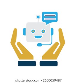 ícone ai. AI Assistente pessoal em duas mãos. Assistente de voz. microfone com bot face. IU, educação, aplicativo, marca. Estilo de design plano