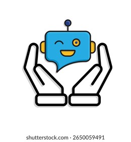 ai-Symbol. AI Personal Assistant in zwei Händen. Chatbot Avatar. Freundliches Robotergesicht mit Chat-Blase. UI, Bildung, App, Branding. Mischstil