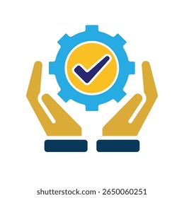 ícone ai. AI Assistente pessoal em duas mãos. Automação de tarefas. Engrenagem em movimento com lista de verificação automática. IU, educação, aplicativo, marca. Estilo de design plano