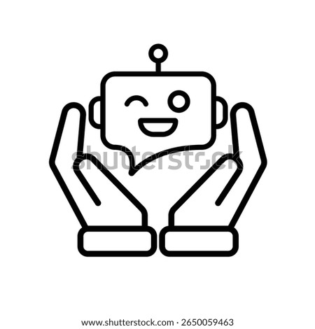 ai icon. AI Personal Assistant in two hand. Chatbot avatar. Friendly robot face with chat bubble. UI, education, app, branding. Outline design style