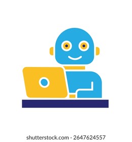 ícone ai. Assistente pessoal de IA. Colaborador virtual. Robô humanoide na mesa com laptop. Interface do usuário, educação, aplicativo, marca. Estilo de design plano