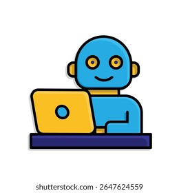 ai icon. AI Personal Assistant. Virtual coworker. Humanoid bot on desk with laptop. UI, education, app, branding. isometric design style