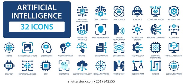 Conjunto de ícones do AI. Inteligência artificial, aprendizagem de máquina, cérebro, robô, inteligência artificial.