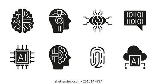 AI icon set. Artificial intelligence and machine learning black vector illustration. Collection of neural network, chip, fingerprint and cloud computing glyph symbols. Futuristic technology pictogram.