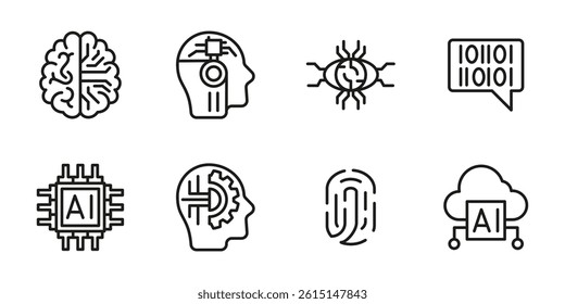 AI icon set. Artificial intelligence and machine learning outline vector illustration. Collection of neural network, chip, fingerprint and cloud computing line symbols. Futuristic technology pictogram
