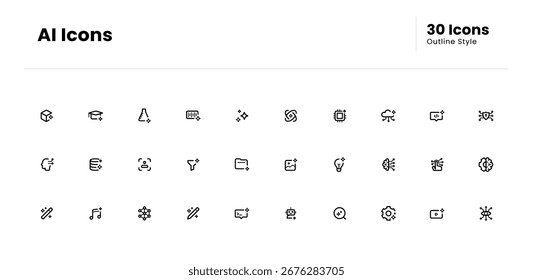 AI icon set. inteligência artificial, aprendizado de máquina, rede neural, automação, robótica, dados, inovação. Ilustração de ícone de vetor