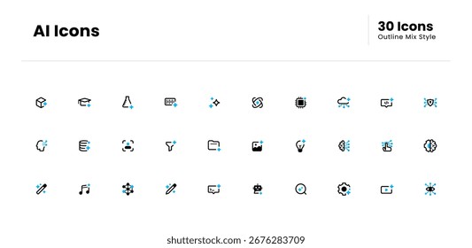 AI icon set. artificial intelligence, machine learning, neural network, automation, robotics, data, innovation. Vector Icon Illustration