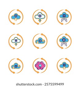 ai icon set. brain and artificial intelligence with circle arrow. Brain design and chip in the middle. Education, technology. colored flat design style