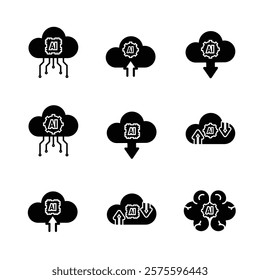 ai icon set. Cloud Computing, brain and artificial intelligence, icons include network, Download and Upload. for computers, technology. Solid design style