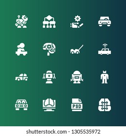 ai icon set. Collection of 16 filled ai icons included Intelligence, Psd, Artificial intelligence, Car, Robot, Algorithm