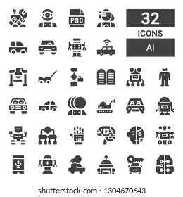 ai icon set. Collection of 32 filled ai icons included Intelligence, Car, Robot, Voice recognition, Artificial intelligence, Exoskeleton, Algorithm, Commandments, Cyborg, Psd