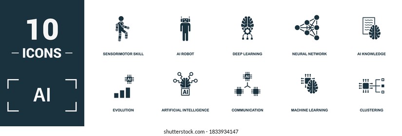 Ai icon set. Collection of simple elements such as the evolution, artificial intelligence, communication, machine learning. Ai theme signs.