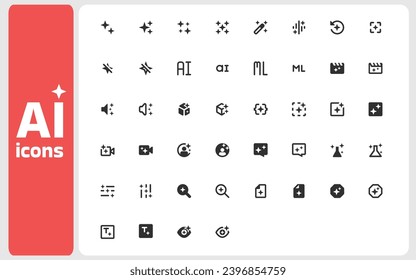 AI Icon Set: Content Generation, Interface Integration, Vector Graphics, Robotics, Neural Networks, Automation, Machine Learning, Big Data, Chatbots, Technology. Icons for Figma, web-sites, interfaces