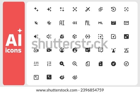 AI Icon Set: Content Generation, Interface Integration, Vector Graphics, Robotics, Neural Networks, Automation, Machine Learning, Big Data, Chatbots, Technology. Icons for Figma, web-sites, interfaces