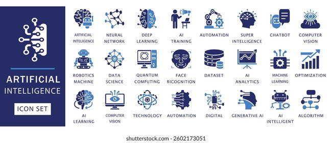 AI icon set. Featuring artificial intelligence, machine learning, automation, neural network, robotics, quantum computing, and more. Perfect for digital, tech, and futuristic designs.
