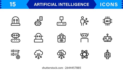 Conjunto de iconos de IA con aprendizaje automático, redes neuronales, robots, automatización y análisis de datos en un diseño de Vector limpio y simple para uso en stock
