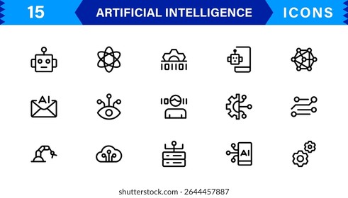 AI Icon Set mit Machine Learning, Neuronalen Netzwerken, Robotern, Automatisierung und Datenanalyse in einem sauberen, einfachen Vektordesign für den Stockeinsatz
