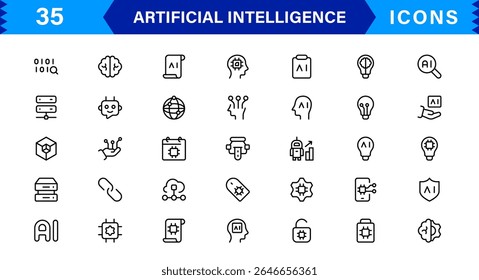 AI Icon Set Featuring Machine Learning, Neural Networks, Robots, Automation, and Data Analysis in a Clean, Simple Vector Design for Stock Use
