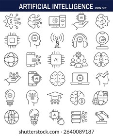 AI icon set featuring neural networks, robots, chips, brains, automation, and machine learning concepts in a modern, minimal line style.