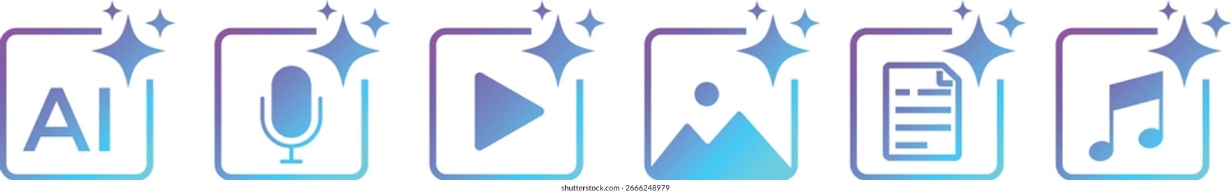 Conjunto de iconos de IA. genere Imagen Video, ~, imagen, música, audio y texto. Firma de asistente de ayuda de computadora. Herramientas para generar a partir de texto