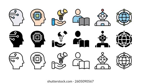 AI icon set with multiple style cybernetics, problem-solving, deep learning, machine learning, robotics and neural network 