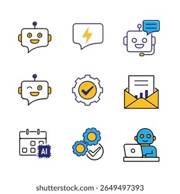 Conjunto de iconos de IA. Asistente personal de IA. Colaborador virtual, Chatbot, programador de IA, etc. UI, educación, App, marca. Estilo de diseño mixto