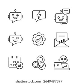 conjunto de ícones de ai. Assistente pessoal de IA. Colaborador virtual, Chatbot, programador de IA etc. Interface do usuário, educação, aplicativo, marca. Estilo de design da estrutura de tópicos