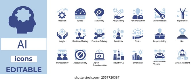 AI Icon Set Precision, Scalability, Decision Making, Industry 4.0, Smart City, Virtual Assistant Editable and Modern