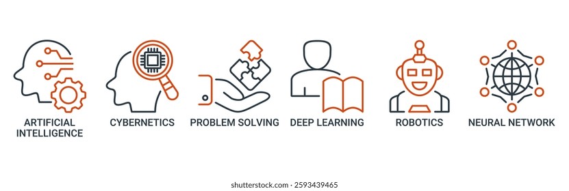 AI icon set vector illustration concept of artificial intelligence with icon of cybernetics, problem-solving, deep learning, machine learning, robotics and neural network icons outline symbol. 