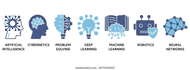 El concepto de Ilustración vectorial AI icon set se relaciona con la inteligencia artificial con el ícono de la cibernética, la resolución de problemas, el aprendizaje profundo, el aprendizaje automático, la robótica y la red neuronal