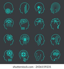 AI icon sets on dark background. Collection of symbols, technology vector elements. Artificial intelligence line icons. Editable stroke. Blue vector illustrations isolated.
