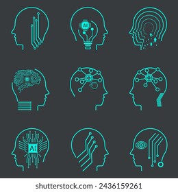 AI icon sets on dark background. Collection of symbols, technology vector elements