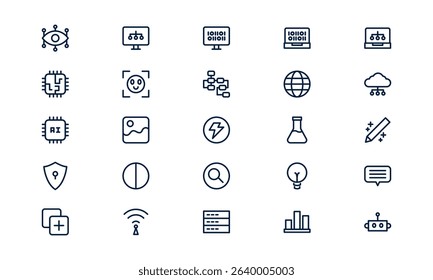 AI icon symbolizing artificial intelligence, machine learning, and smart automation in outline style