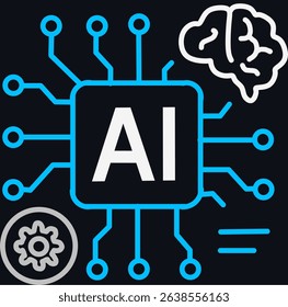 AI icon vector illustration in professional mode (black Background). artificial intelligence icon with Brain Circuit, Microchip with AI Text, Network Node, Gear