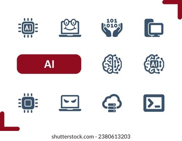 AI Icons. Artificial Intelligence, Machine Learning, Technology, Microchip, Brain, Coding, Programming Icon. Professional, pixel perfect vector icon set.