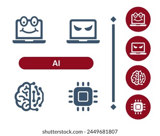 AI icons. Artificial intelligence, machine learning, technology, laptop, computer, danger, brain, microchip, processor icon. Professional, 32x32 pixel perfect vector icon.