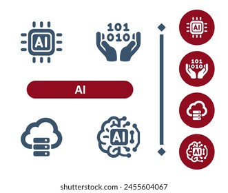 KI-Symbole. Künstliche Intelligenz, Maschinelles Lernen, Technologie, Mikroprozessor, Mikrochip, Binärkode, Kodierung, Cloud Computing, Gehirnsymbol. Professionelles Symbol für perfekte Vektorgrafik mit 32 x 32 Pixeln.