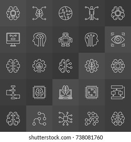 AI icons collection - vector artificial intelligence concept linear symbols on dark background