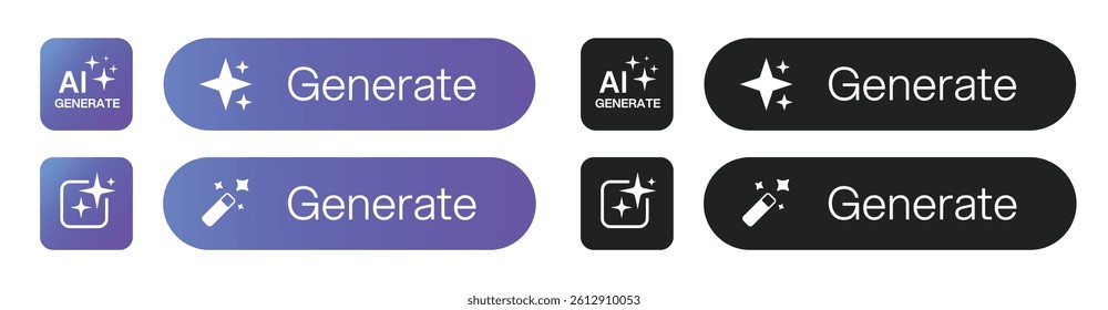 	
ai icons. Generate AI button. Artificial intelligence and Machine learning technology concept. Artificial intelligence star logo generation, colored generate AI button, generated sign, chat with AI 