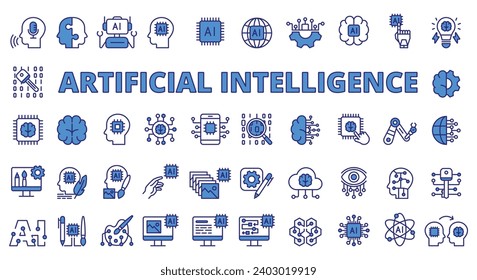 AI icons line design blue. Deep learning, artificial intelligence, intelligence, generative AI, artificial, drawing AI, neural network, chatbot vector illustrations. AI editable stroke icons.