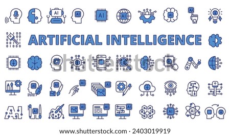 AI icons line design blue. Deep learning, artificial intelligence, intelligence, generative AI, artificial, drawing AI, neural network, chatbot vector illustrations. AI editable stroke icons.