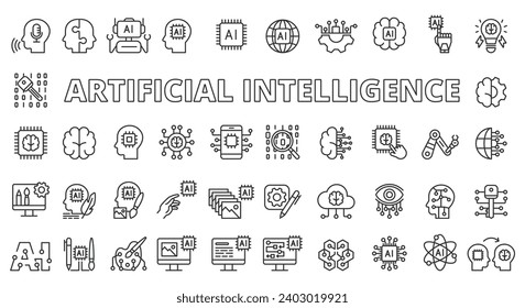 Diseño de línea de iconos de IA. Aprendizaje profundo, inteligencia artificial, inteligencia artificial, IA generativa, IA artificial, IA dibujante, red neural, ilustraciones vectoriales de chatbot. Iconos de trazo modificables de IA.