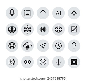 AI icons set isolated on white background. Artificial intelligence logo bundle. Generate image and text sign. Machine learning. Ai assistant. Data science. Vector illustration.