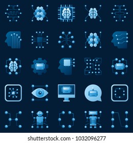 AI icons set. Vector collection of artificial intelligence and machine learning creative modern sign or logo elements on dark background