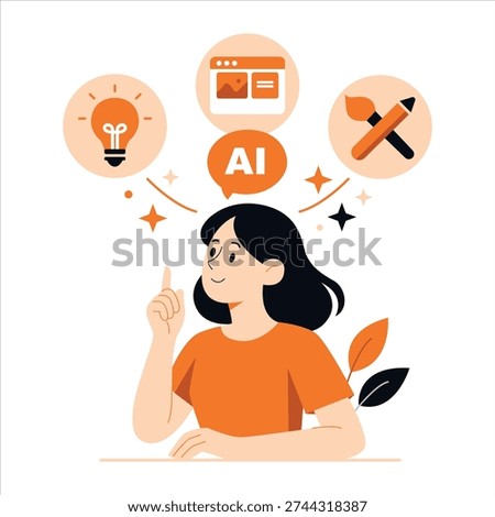 AI Idea Generation Flat Illustration – Woman Thinking with Artificial Intelligence Tools, Creative Design, Brainstorming, Content Creation Concept in Minimal Vector Style
