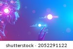 AI in image cybernetic anthropomorphic woman working with matrix data on virtual interface. head or face of artificial intelligence with mind looking at information and teaching neural networks.