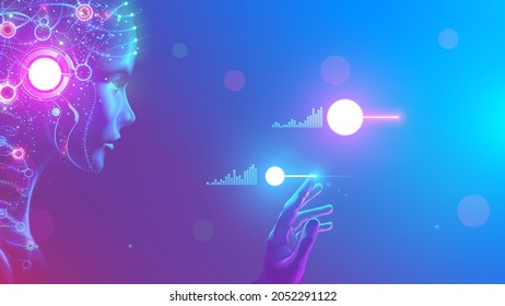 AI in image cybernetic anthropomorphic woman working with matrix data on virtual interface. head or face of artificial intelligence with mind looking at information and teaching neural networks.