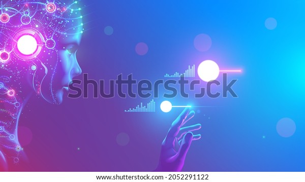 AI in image cybernetic anthropomorphic woman
working with matrix data on virtual interface. head or face of
artificial intelligence with mind looking at information and
teaching neural networks.